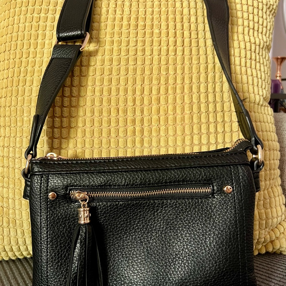 Black Leather Crossbody Bag with Tassel